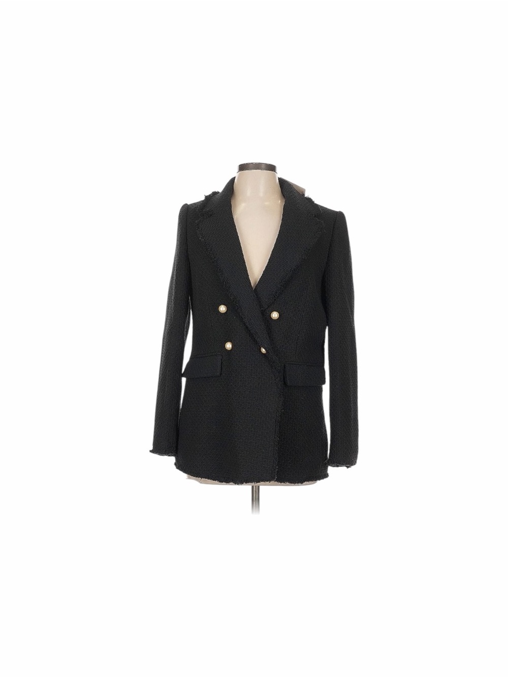 Mango Black Double-Breasted Tweed Blazer with oversized faux pearl Buttons